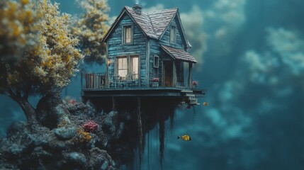 Tiny houses in surreal, dreamlike environments, like floating in the sky or underwater