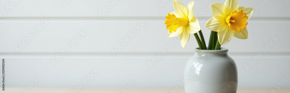 Aufkleber daffodil flower placed in a modern gray vase on a table with white wood shiplap and empty space to o