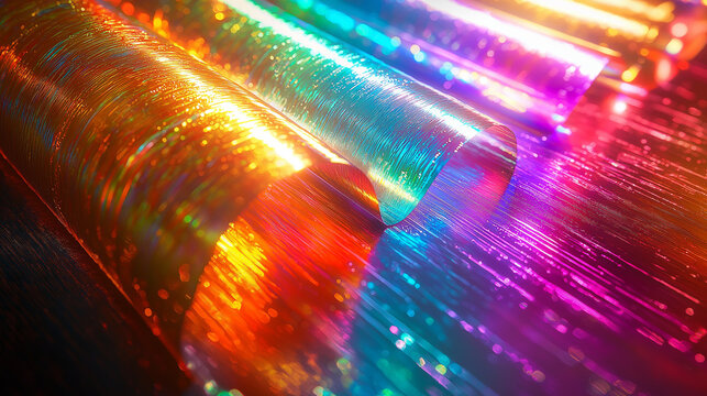 Makroaufnahme einer lichtbrechenden Oberfl&auml;che mit prismatischen Regenbogenfarben. Holografischer Effekt auf strukturiertem Kunststoff oder Glas mit leuchtenden Farbverl&auml;ufen