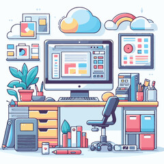 computer, business, digital, technology, communication, laptop, design, office, web, internet, tech, work, vector, modern, employee, pc, monitor, information, device, desk, online, desktop, isolated, 