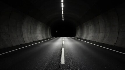 A long, dark tunnel roadway with a single lane and dimly lit ceiling