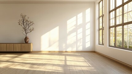Obraz premium Bright Minimalist Room with Large Windows and Simple Decor