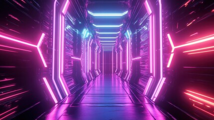 Fototapeta premium Futuristic Neon Corridor with Vibrant Lights and Smooth Surfaces