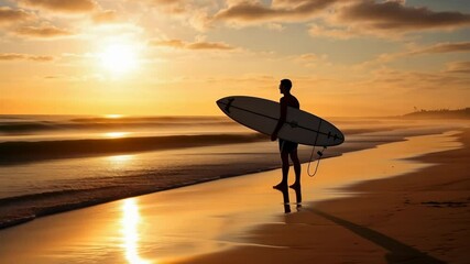 Silhouette of a surfer holding a board at sunset, captured from a low angle. The video conveys a serene, adventurous beach vibe. Live desktop wallpaper.