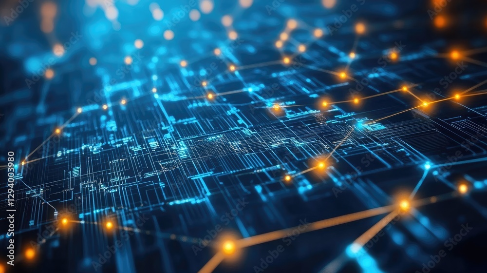 Poster cryptocurrency and blockchain communication network with glowing data links.
