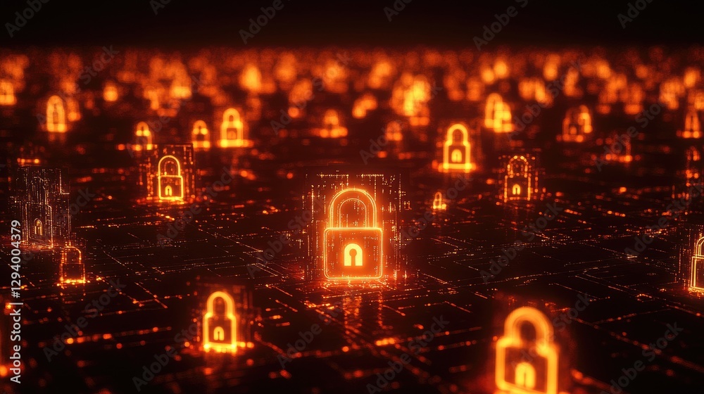 Poster cybersecurity and digital communication network with glowing padlocks and encryption.