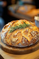 Golden sourdough bread loaf adorned with fresh rosemary sprig on rustic wooden board bakery delight