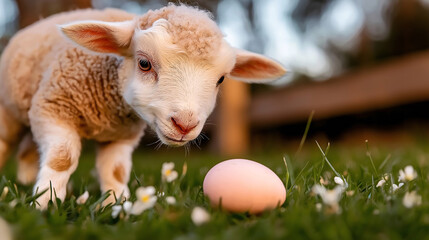 Obraz premium A curious lamb sniffing a pastel Easter egg amidst the lush green grass and colorful flowers on a sunny spring day, embodying the joyful spirit of the season