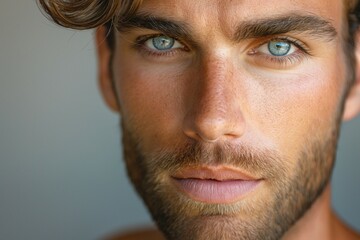 Obraz premium Close-up portrait of a young Caucasian man with striking blue eyes and tousled hair, showcasing a warm, inviting expression.