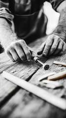 Obraz premium Artisan's hands at work, meticulously crafting wood with a rotary tool