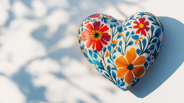Hand-painted ceramic heart with intricate floral patterns on a white background, symbolizing love, tradition, and craftsmanship in Mexican folk art.