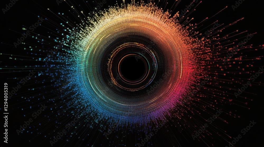 Poster circular pattern with colorful particles in motion on black background