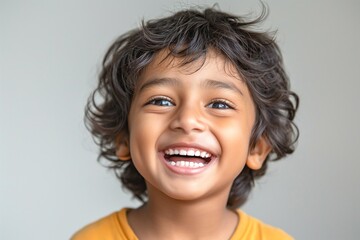 A joyful young boy with curly hair and bright blue eyes laughing cheerfully, wearing a yellow shirt against a light background.