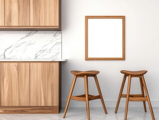 Modern kitchen interior with wooden cabinets, marble countertop, and two wooden stools. A blank frame hangs on the wall. Light and airy atmosphere