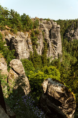 Beautiful views and natural landscapes with rocks from the Saxon Switzerland Mountains in Germany.