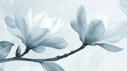 Soft Blue Watercolor Effect, Floral Arrangement, Delicate Petals, Subtle Shading, Serene Atmosphere