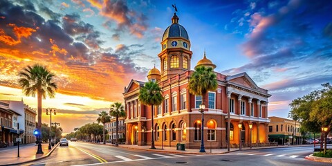 Historic Volusia County Courthouse, DeLand, Florida - Panoramic Street View with Copper Dome Clock