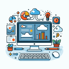 computer, business, digital, technology, communication, laptop, design, office, web, internet, tech, work, vector, modern, employee, pc, monitor, information, device, desk, online, desktop, isolated, 