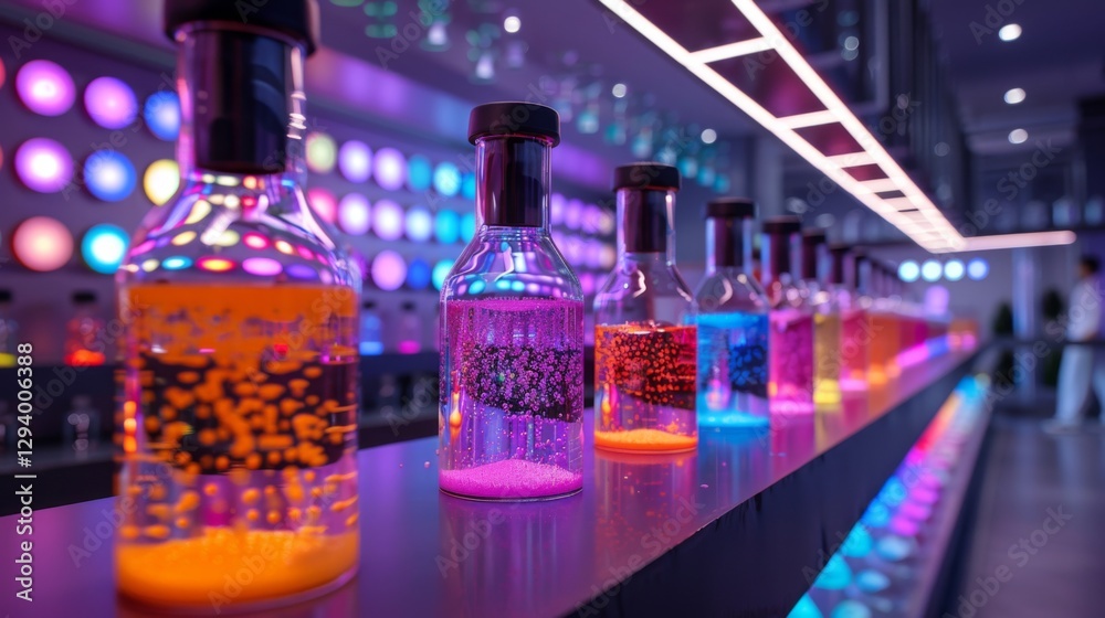 Aufkleber Bottles containing colorful liquids are arranged on a sleek surface, illuminating the modern laboratory with bright hues and creating an enchanting atmosphere in the evening.
