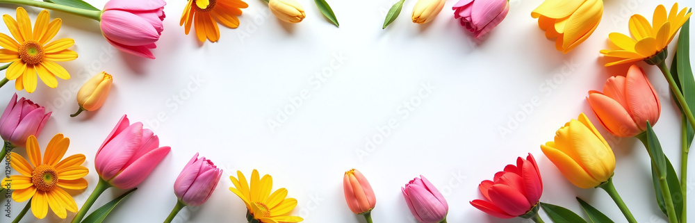 Aufkleber colorful flower frame with flat lay and top view on a clear white background, ideal for spring holid
