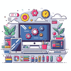 computer, business, digital, technology, communication, laptop, design, office, web, internet, tech, work, vector, modern, employee, pc, monitor, information, device, desk, online, desktop, isolated, 