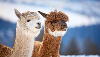 Obraz premium Two Enchanting Alpacas Basking in Winters Bliss, South American Camelids Frolicking Against Snowy Backdrop, Capturing the Peaceful Serenity of Highland Winter Scenes.