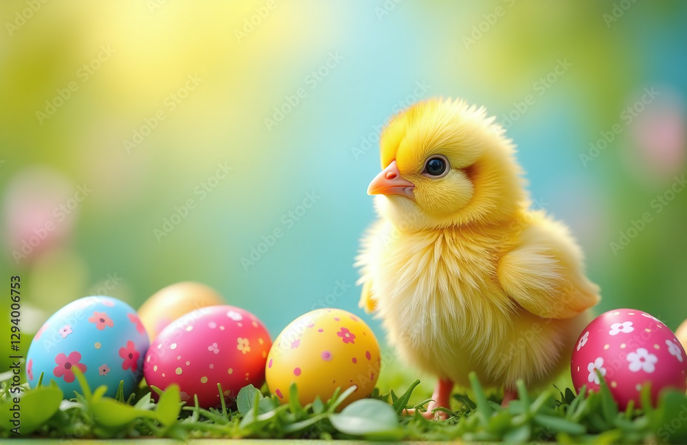 Poster Colorful Easter Scene With Happy Chick And Decorated Eggs In A Vibrant Easter Background On A Spring Day Outside.
