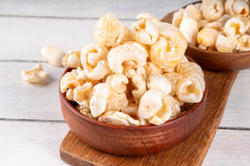 Cracklings or skwarki, fragrant crispy snack made from fried skin of the pork with spices. British, Scottish, Eastern European traditional salted scratchings
