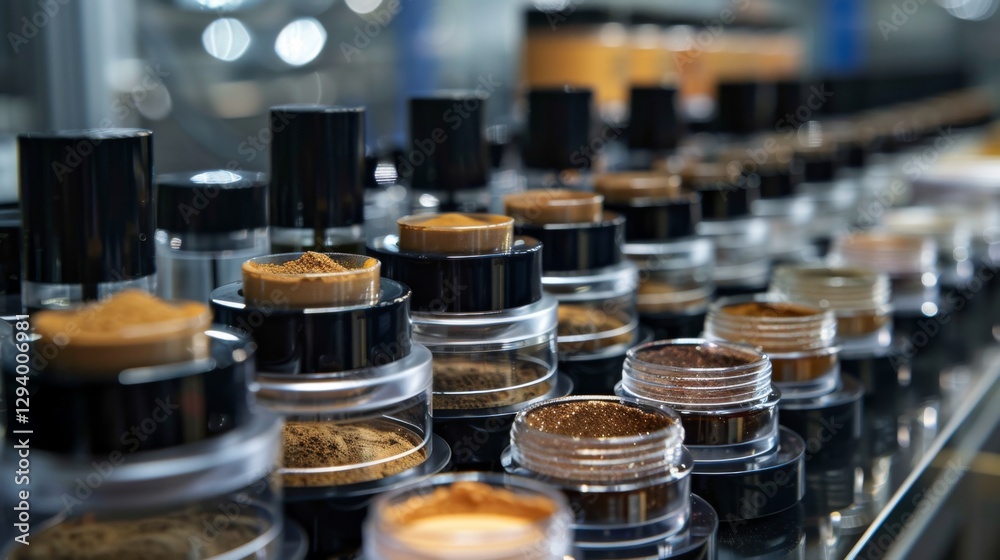 Poster a variety of cosmetic powders are organized neatly in transparent jars on a production line in a con