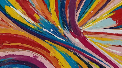 This abstract painting showcases swirling and radiating strokes of vivid colors including red, yellow, blue, and purple, creating a sense of dynamic movement.
