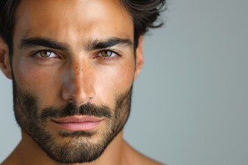 Obraz premium A striking portrait of a young South Asian man with a well-defined beard, showcasing confident expression and captivating brown eyes.