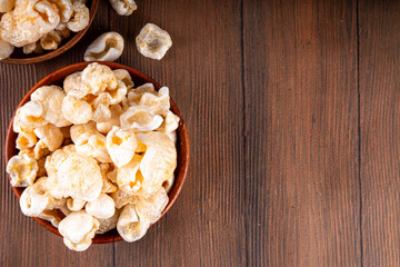 Cracklings or skwarki, fragrant crispy snack made from fried skin of the pork with spices. British, Scottish, Eastern European traditional salted scratchings