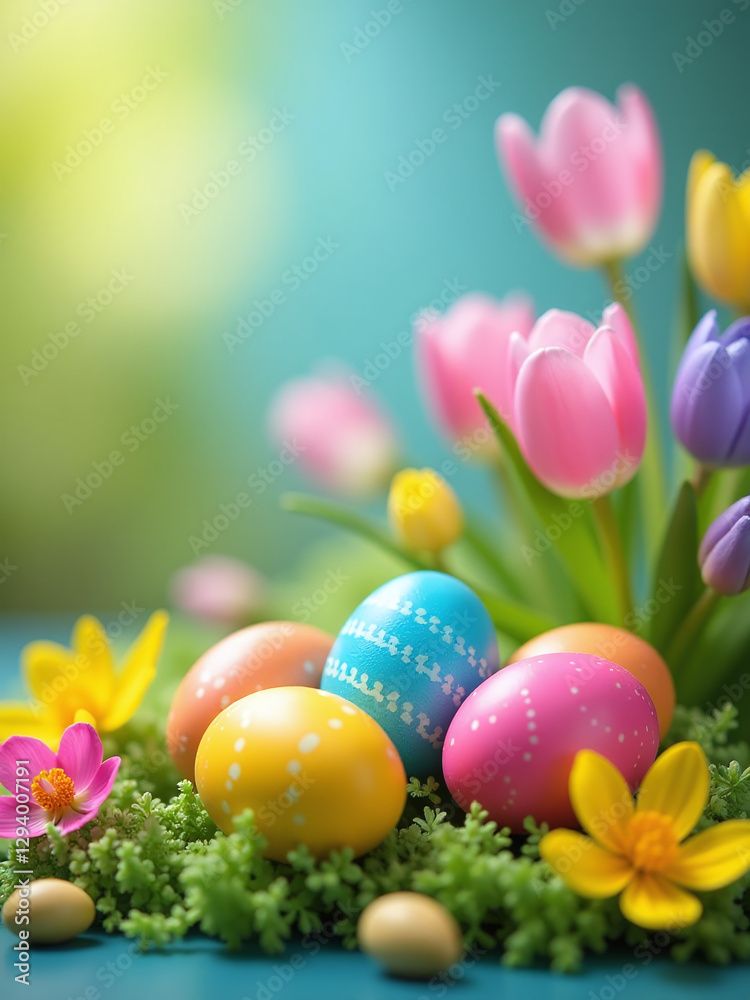 Poster Colorful Easter Scene With Selective Focus On Top Of Easter Eggs And Colorful Spring Flowers In A Blurred Background.