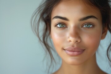 Fototapeta premium A close-up of a young woman with stunning green eyes and natural makeup, exuding confidence and radiance.