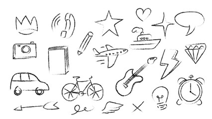 vector doodle element, book, stars, cars, bicycle, camera, arrow, guitars, lighting, crown, diamond