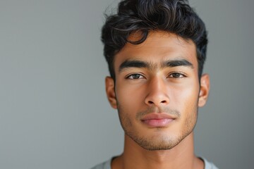 Fototapeta premium A young South Asian man with curly hair poses confidently against a neutral background, showcasing his striking features and strong gaze.