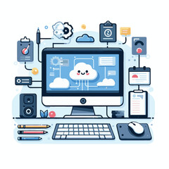 computer, business, digital, technology, communication, laptop, design, office, web, internet, tech, work, vector, modern, employee, pc, monitor, information, device, desk, online, desktop, isolated, 
