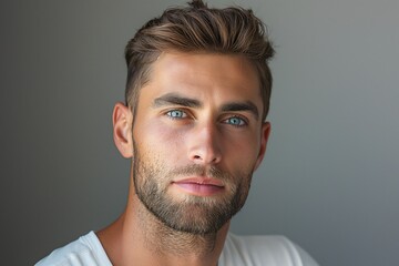Fototapeta premium Close-up portrait of a handsome young Caucasian man with striking blue eyes and a well-groomed beard.