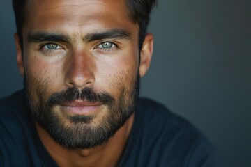 Fototapeta premium Close-up portrait of a young athletic man with striking blue eyes and a well-groomed beard, exuding confidence and charisma.