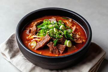Spicy beef and scallion soup in a black bowl