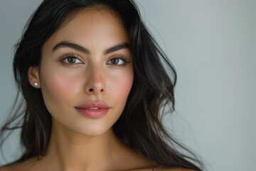Fototapeta premium Close-up portrait of a young Hispanic woman with flowing dark hair and natural makeup, exuding confidence and beauty.