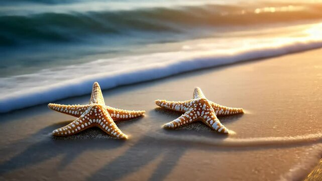 Low-angle video shot of two starfish on a sandy beach at sunset, capturing serene ocean waves and warm, golden light for a tranquil scene. Live desktop wallpaper.