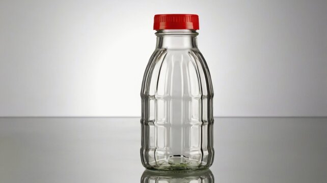 Isolated Clear Glass Juice Bottle with Red Screw Cap on Reflective Surface in Studio Environment for Beverage Packaging Mockup