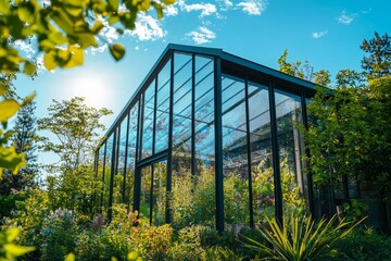 Modern glasshouse surrounded by greenery, reflecting the blue sky and sunlight.