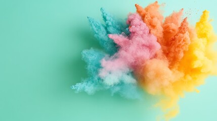Abstract image of pastel colored powder explosion on a mint green background. Vivid colors create a dynamic and energetic composition. Perfect for