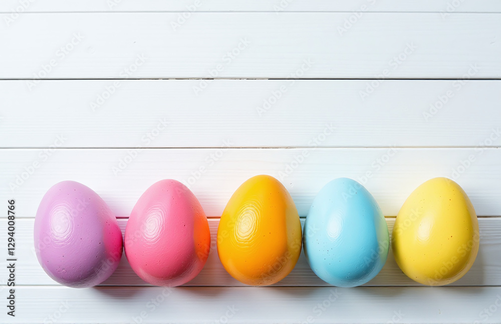 Poster Colorful Easter Eggs Arranged In A Row On A Simple White Wooden Background Create A Visually Appealing Easter Display.