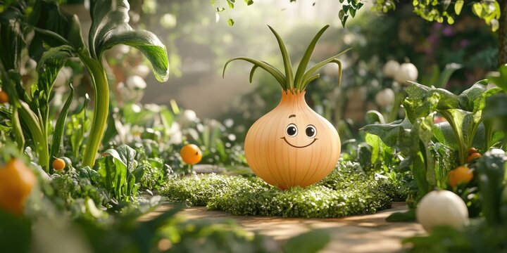 Cartoon Onion Character in Garden Scene