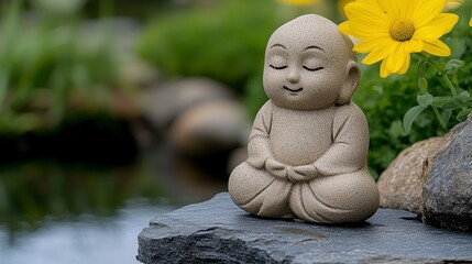 Serene stone Buddha statue in a peaceful garden setting, near a pond and yellow flowers. Soft lighting, tranquil mood