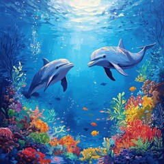 Fototapeta premium A mesmerizing underwater vista where vivid corals and diverse fish thrive in rich, deep blue-green waters, creating an enchanting aquatic ballet beneath the sea's surface