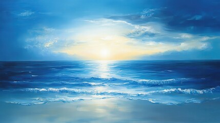 Fototapeta premium A vibrant painting depicting a stunning sunset over the ocean, with gentle waves lapping at the shore.